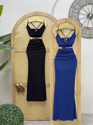 Sandy Kumaş Sırt Detay Büstiyer Uzun Balık Etek Abiye Takım Saks