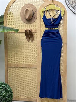 Sandy Kumaş Sırt Detay Büstiyer Uzun Balık Etek Abiye Takım Saks