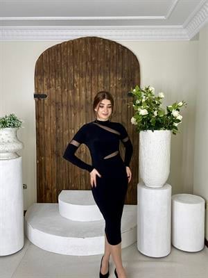 Sandy Kumaş Transparan Tül Detaylı Tasarım Kalem Elbise