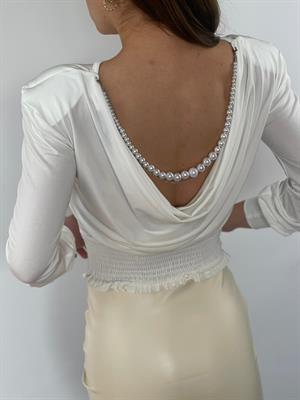 Sandy Kumaş Vatkalı Sırt İnci ve Zincir Detay Beli Gipeli Bluz