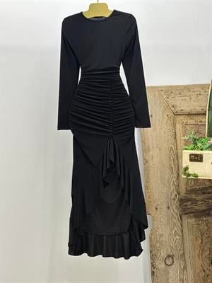 Sandy Kumaş Volan Detay Drapeli Siyah Uzun Elbise