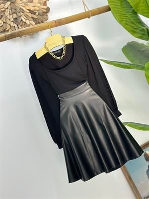 Sandy ve Vegan Deri Kumaş Tasarım Kloş Elbise 