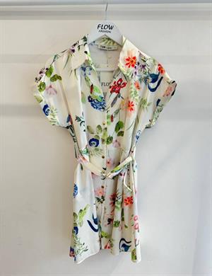 Saten Kumaş Çiçek Desen Kloş Gömlek Elbise