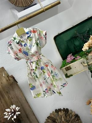 Saten Kumaş Çiçek Desen Kloş Gömlek Elbise