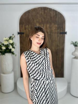 Saten Kumaş Desenli Volan Detay Midi Boy Elbise 