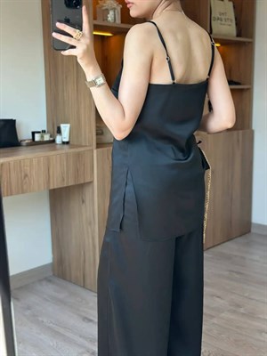 Saten Kumaş Pantolon Askılı Bluz İkili Takım Siyah