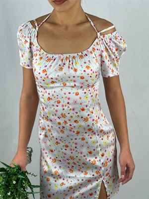 Saten Kumaş Prenses Kol Sırt Bağ Detaylı Mini Elbise