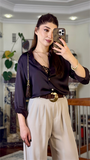 Saten Kumaş Rahat Kalıp Gömlek Kahverengi