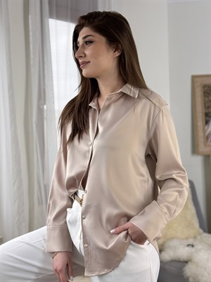 Saten Kumaş Rahat Kalıp Gömlek Krem