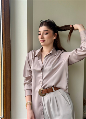 Saten Kumaş Rahat Kalıp Gömlek Krem