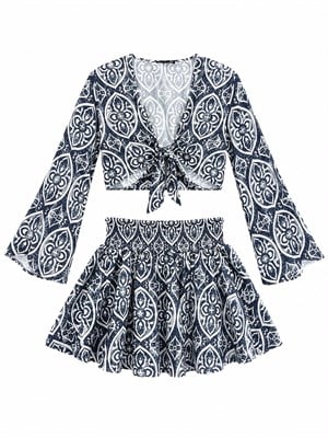 Saten Kumaş Şal Desenli Şortlu Etek Crop Bluz İkili Takım