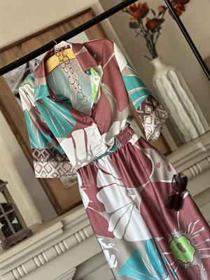 Saten Kumaş Yeşil Desenli Pantolon Gömlek İkili Takım