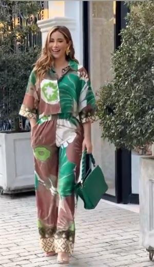 Saten Kumaş Yeşil Desenli Pantolon Gömlek İkili Takım