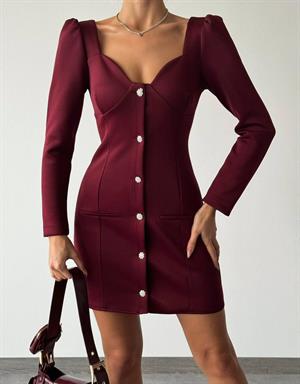 Scuba Crep Kumaş Kalp Yaka Taş Düğmeli Bordo Elbise
