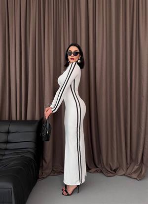 Scuba Dalgıç Kumaş Fermuar ve Biye Detaylı Uzun Tasarım Elbise Beyaz