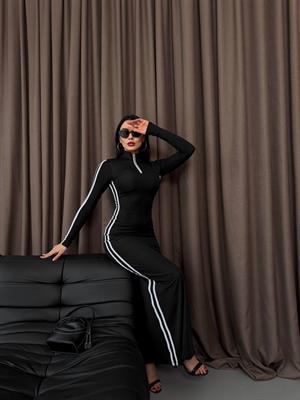 Scuba Dalgıç Kumaş Fermuar ve Biye Detaylı Uzun Tasarım Elbise Siyah