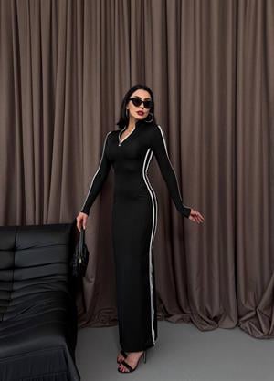 Scuba Dalgıç Kumaş Fermuar ve Biye Detaylı Uzun Tasarım Elbise Siyah