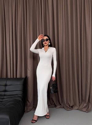 Scuba Dalgıç Kumaş Fermuar ve Biye Detaylı Uzun Tasarım Elbise Beyaz