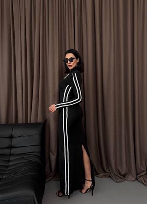 Scuba Dalgıç Kumaş Fermuar ve Biye Detaylı Uzun Tasarım Elbise Siyah