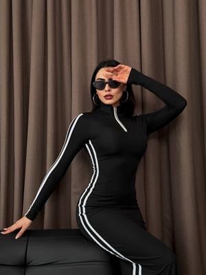 Scuba Dalgıç Kumaş Fermuar ve Biye Detaylı Uzun Tasarım Elbise Siyah