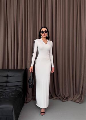 Scuba Dalgıç Kumaş Fermuar ve Biye Detaylı Uzun Tasarım Elbise Beyaz