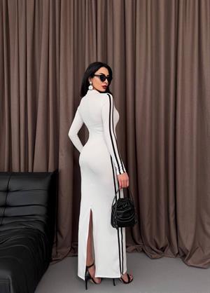 Scuba Dalgıç Kumaş Fermuar ve Biye Detaylı Uzun Tasarım Elbise Beyaz
