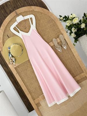 Scuba Dalgıç Kumaş Garni Detay Cepli Uzun Askılı Elbise Pudra