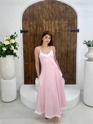 Scuba Dalgıç Kumaş Garni Detay Cepli Uzun Askılı Elbise Pudra