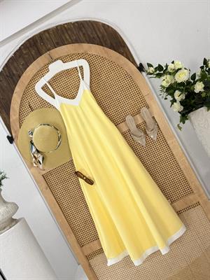 Scuba Dalgıç Kumaş Garni Detay Cepli Uzun Askılı Elbise Sarı