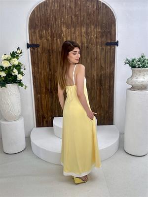 Scuba Dalgıç Kumaş Garni Detay Cepli Uzun Askılı Elbise Sarı