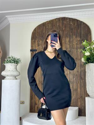 Scuba Kumaş Balon Kol Siyah Mini Elbise 