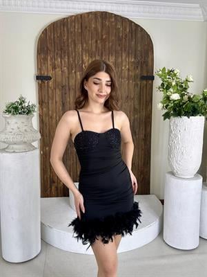 Scuba Kumaş Boncuk Payetli Otrişli Tasarım Mini Elbise Siyah