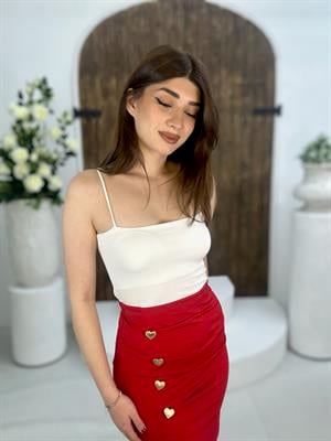 Scuba Kumaş Drape Detay Kalp Düğmeli Etek Kırmızı