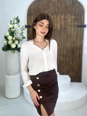 Scuba Kumaş Drape Detay Kalp Düğmeli Etek Kahve