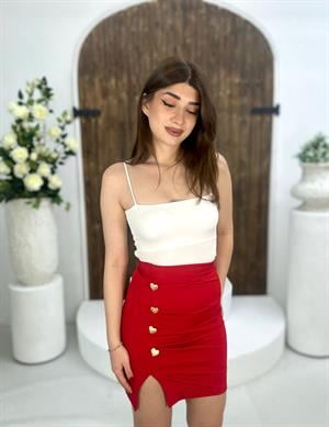 Scuba Kumaş Drape Detay Kalp Düğmeli Etek Kırmızı