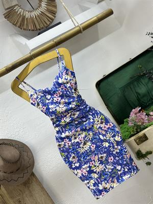 Scuba Kumaş Kalp Yaka Mavi Çiçek Desen Elbise