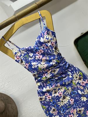 Scuba Kumaş Kalp Yaka Mavi Çiçek Desen Elbise