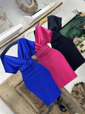 Scuba Kumaş Kaplama Kemerli Kruvaze Yaka Kalem Elbise