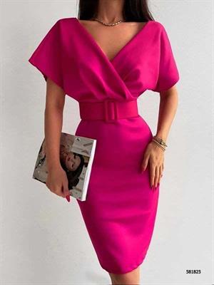 Scuba Kumaş Kaplama Kemerli Kruvaze Yaka Kalem Elbise