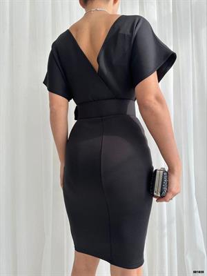 Scuba Kumaş Kaplama Kemerli Kruvaze Yaka Kalem Elbise