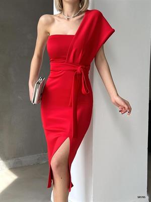 Scuba Kumaş Kuşaklı Tek Omuz Askılı Kalem Elbise