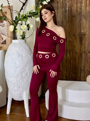Scuba Kumaş Kuşgözü Detay İkili Takım Bordo