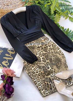 Scuba Kumaş Leopar Desen Beli Lastikli Fermuarsız Yırtmaçsız Kalem Etek 
