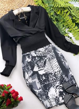 Scuba Kumaş Leopar Desen Beli Lastikli Fermuarsız Yırtmaçsız Kalem Etek 