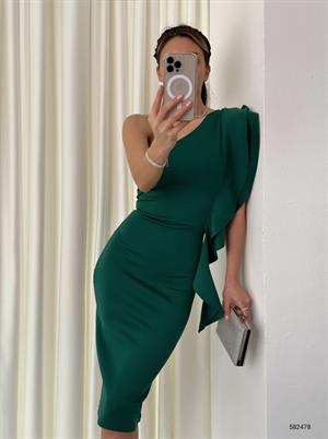 Scuba Kumaş Likralı Tek Omuz Volan Detay Tasarım Kalem Elbise