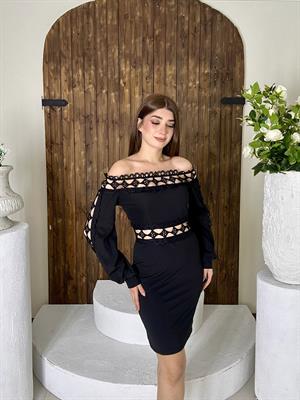 Scuba Kumaş Madonna Yaka Güpürlü Siyah Elbise 