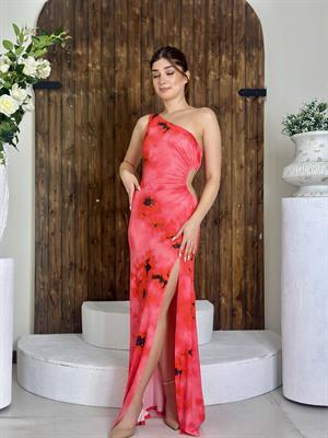 Scuba Kumaş Tek Omuz Bel Dekolteli Mavi Desenli Uzun Elbise Turuncu