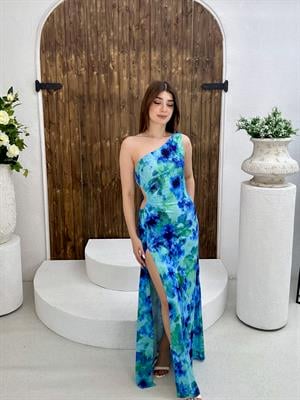 Scuba Kumaş Tek Omuz Bel Dekolteli Mavi Desenli Uzun Elbise