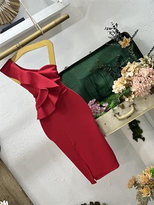 Scuba Kumaş Tek Omuz Volanlı Yırtmaç Detay Kalem Elbise