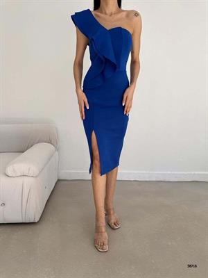 Scuba Kumaş Tek Omuz Volanlı Yırtmaç Detay Kalem Elbise